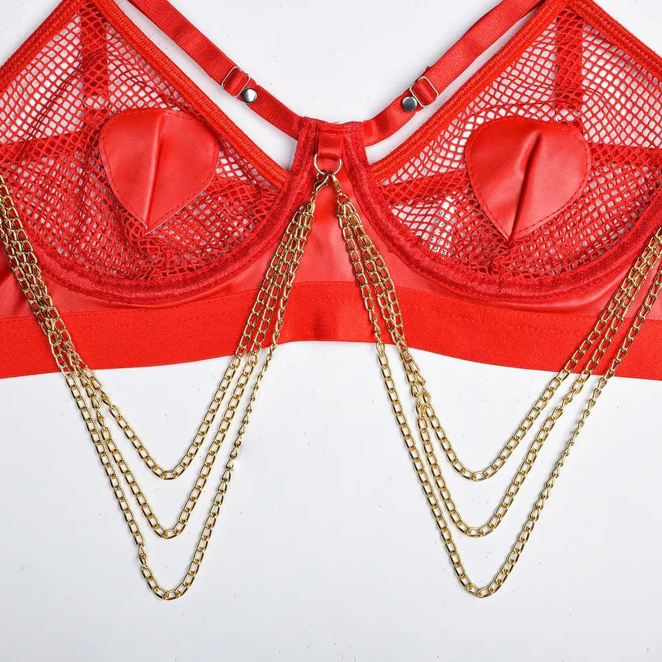 Zmysłowy komplet koronka bielizna erotyczna złote łancuszki | czerwony,czarny