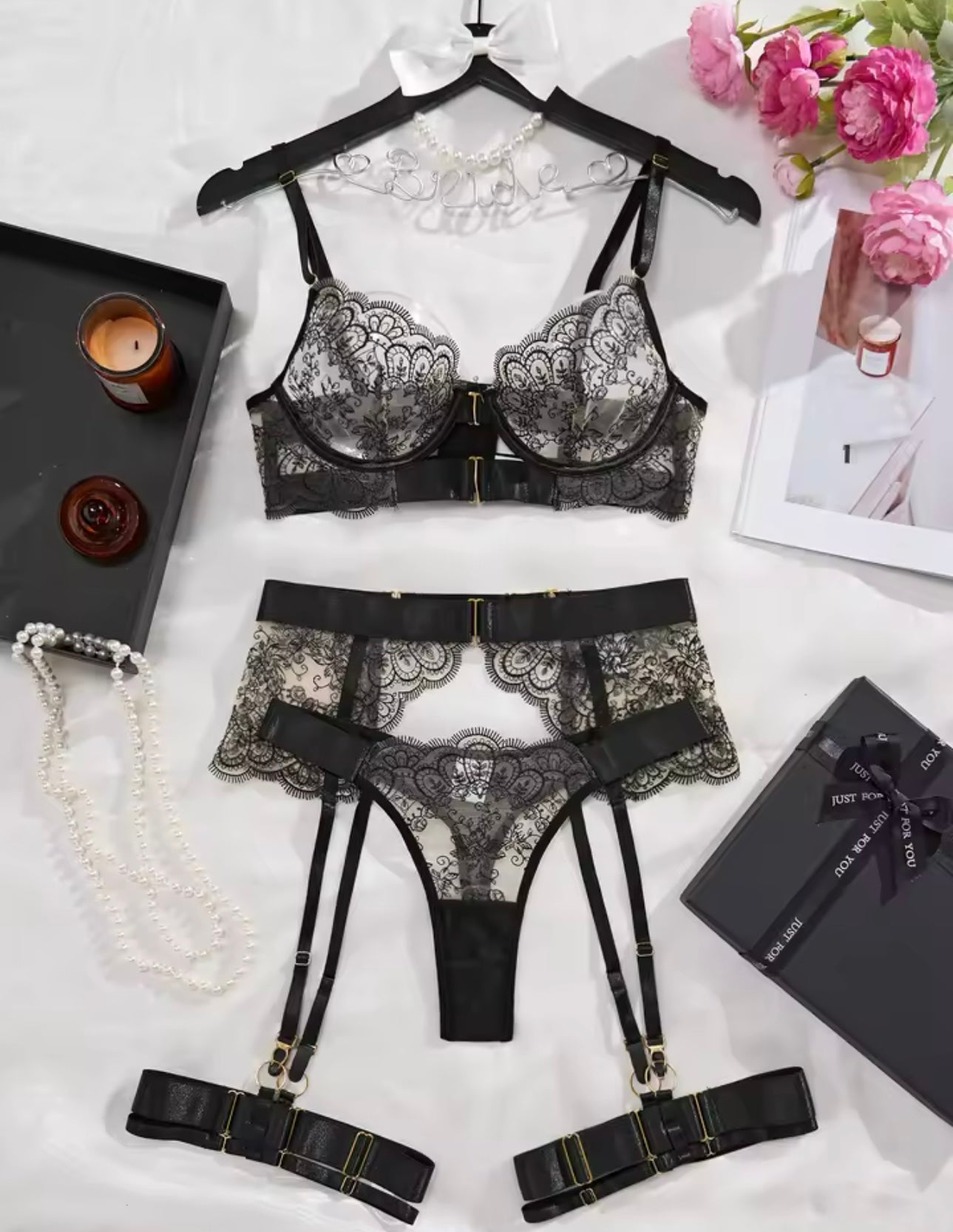 Zmysłowy Zestaw Koronkowy: Czarna Bielizna 3-częściowa HERA