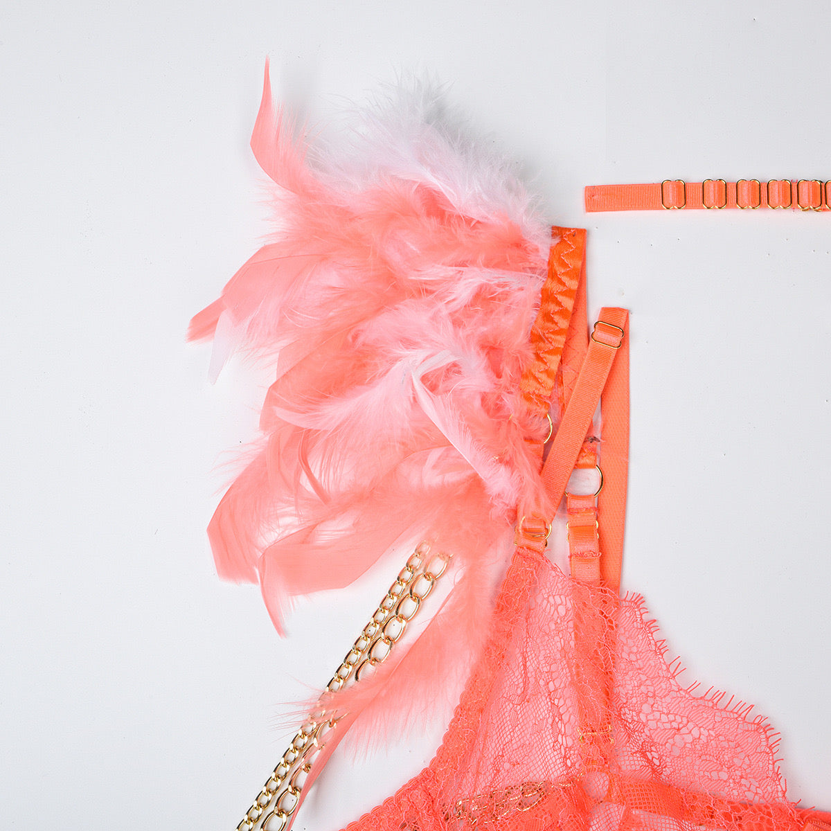 SEKSOWNY KOMPLET BIELIZNY 3w1 piórka pomarańcz