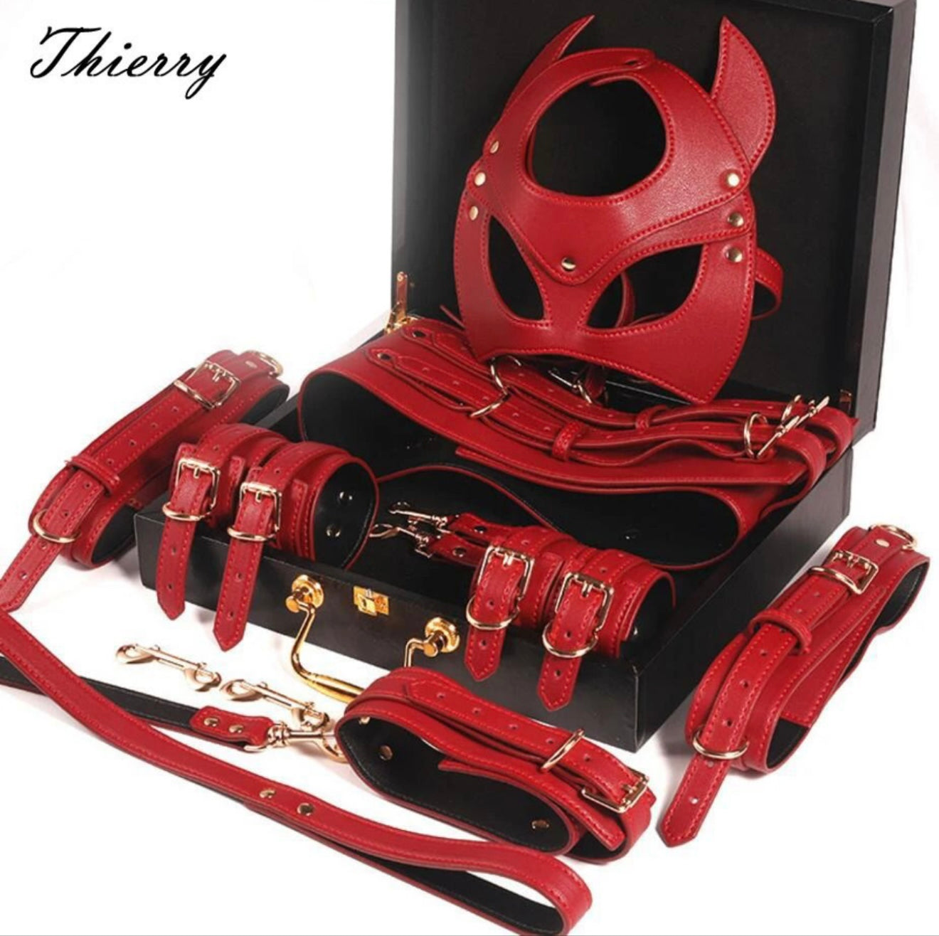 Zestaw BDSM 7-częściowy ze skóry – Czerwony + WALIZKA