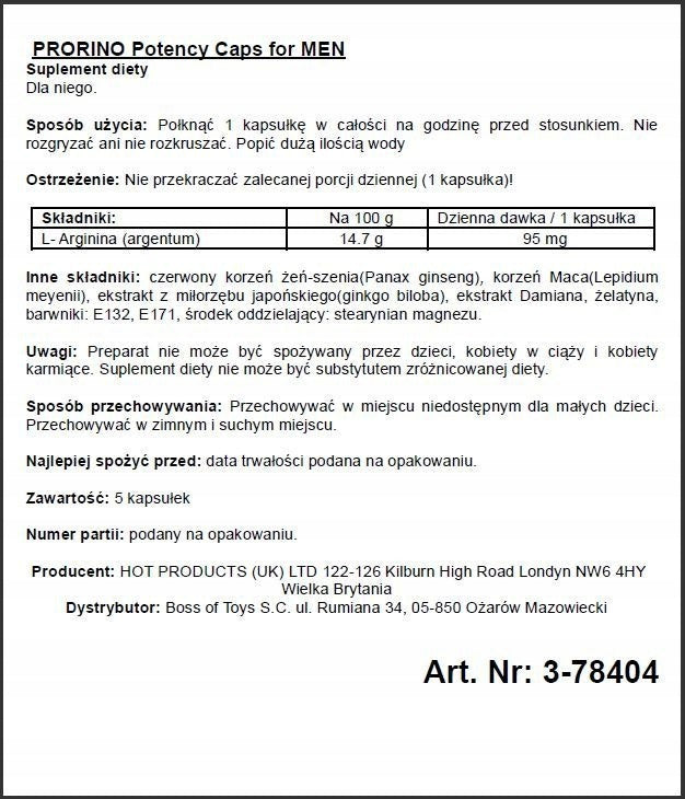 Kapsułki na potencję Ero Prorino Potency 5 szt. erekcja wzwód tabletki