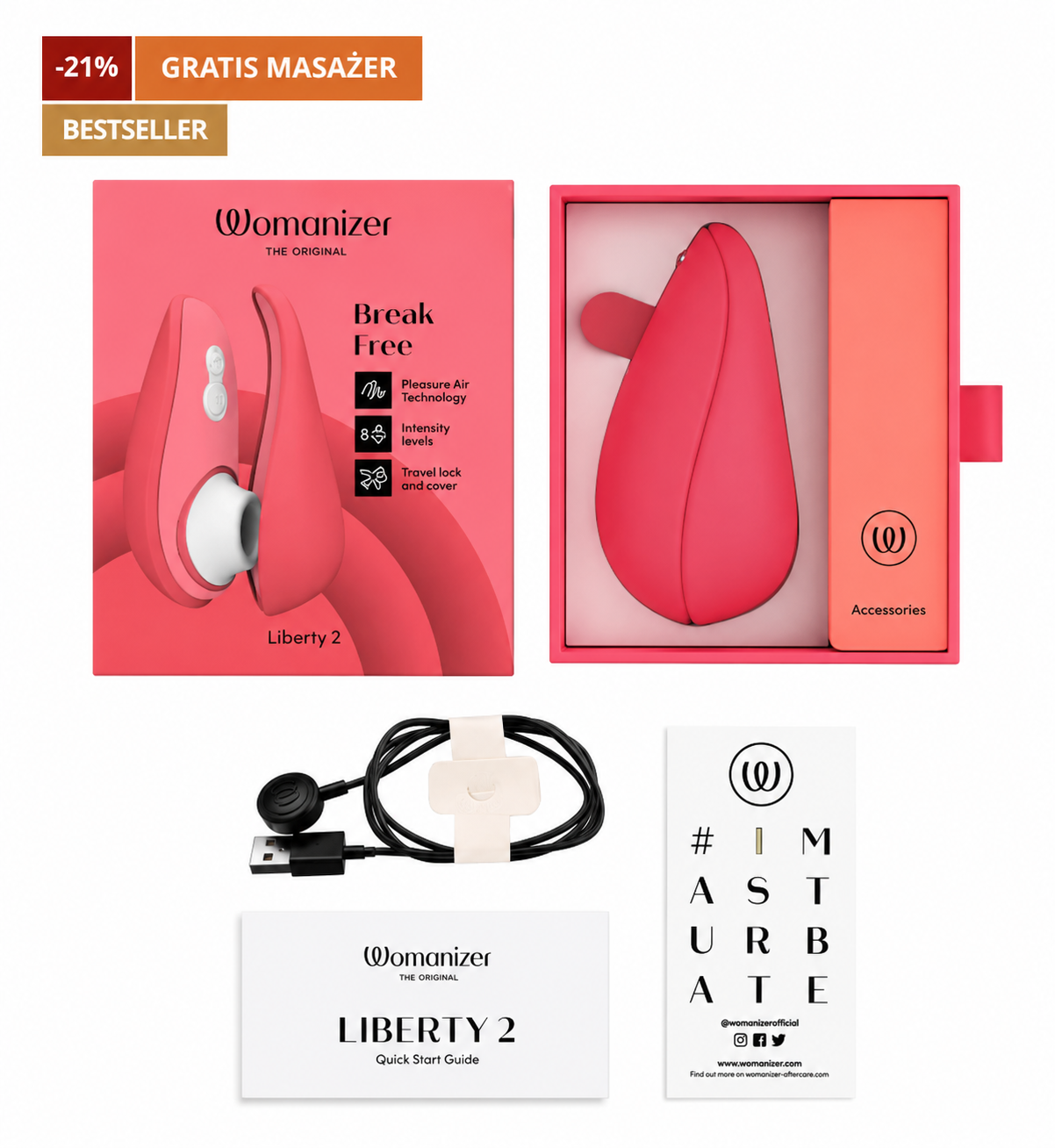 Womanizer Liberty 2 Bezdotykowy Masażer Łechtaczki 8 Trybów IPX7 USB