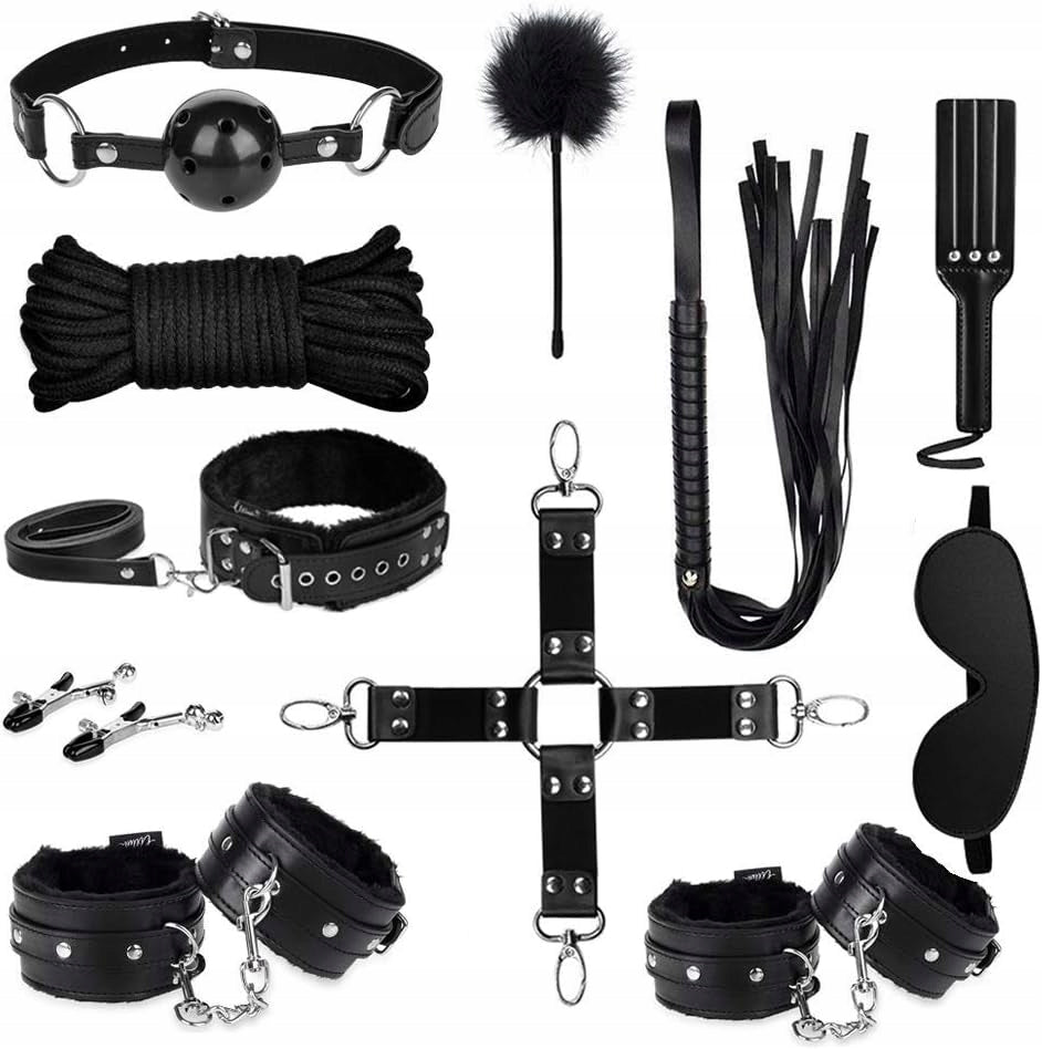 zestaw erotyczny BDSM 10 części dla par, kajdanki, pejcz, knebel, klipsy