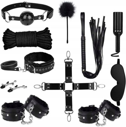 zestaw erotyczny BDSM 10 części dla par, kajdanki, pejcz, knebel, klipsy