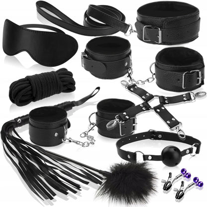 zestaw erotyczny BDSM 10 części dla par, kajdanki, pejcz, knebel, klipsy